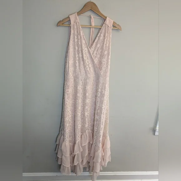 🌸Sundance Blush Pink Midi Lace Ruffle Dress - Picture 2 of 5